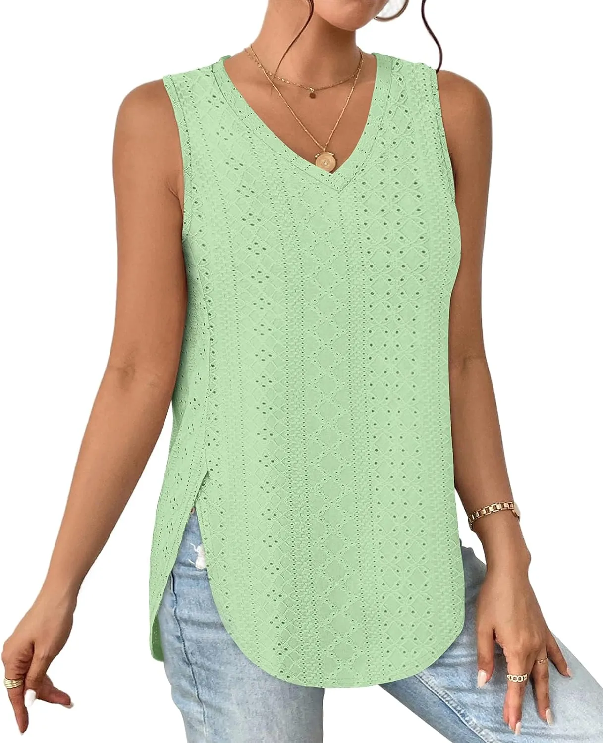 XIEERDUO Womens Tank Tops V Neck Eyelet Embroidery Casaul Sleeveless Shirts