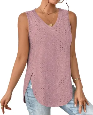 XIEERDUO Womens Tank Tops V Neck Eyelet Embroidery Casaul Sleeveless Shirts