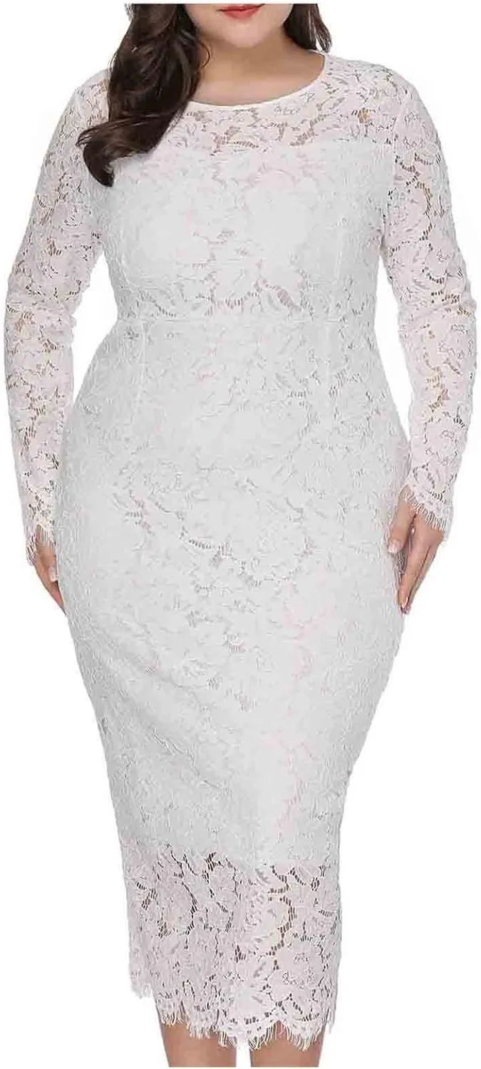 XUNRYAN Womens Plus Size Floral Lace Long Sleeve Round Neck Elegant Bodycon Midi Dress Cocktail Wedding Guest Dresses Gown