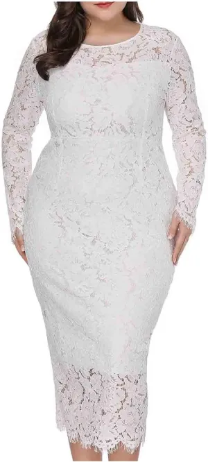 XUNRYAN Womens Plus Size Floral Lace Long Sleeve Round Neck Elegant Bodycon Midi Dress Cocktail Wedding Guest Dresses Gown