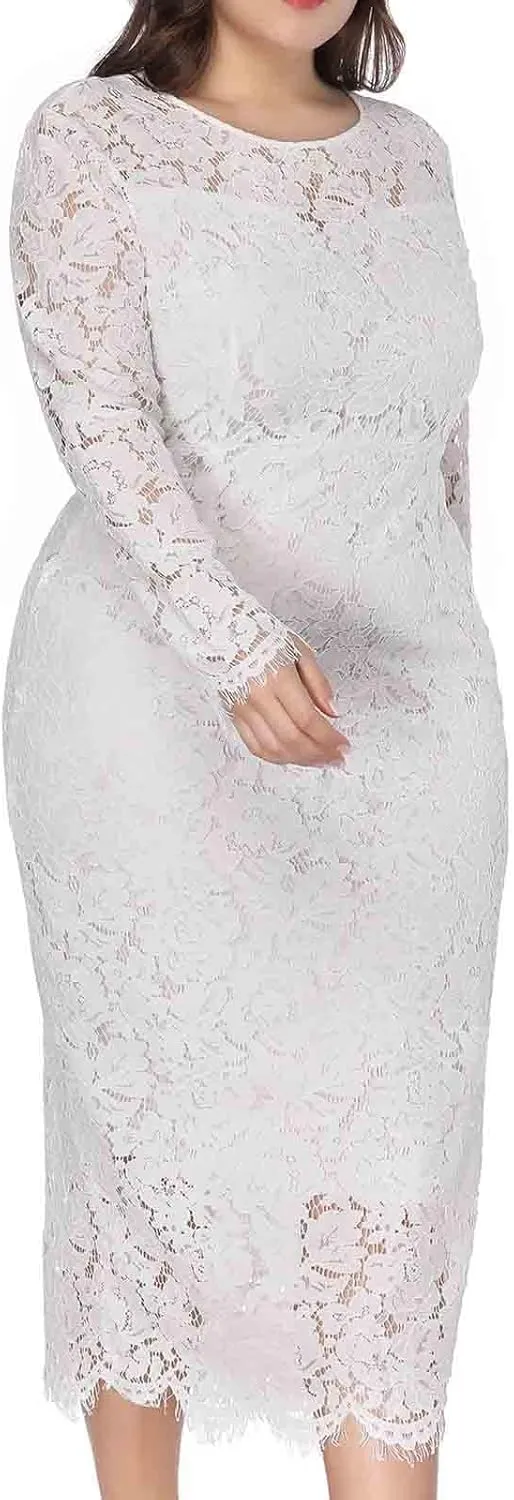 XUNRYAN Womens Plus Size Floral Lace Long Sleeve Round Neck Elegant Bodycon Midi Dress Cocktail Wedding Guest Dresses Gown