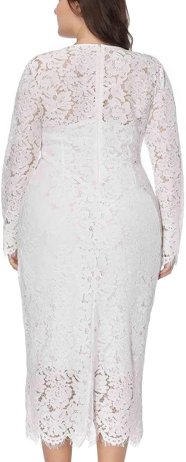 XUNRYAN Womens Plus Size Floral Lace Long Sleeve Round Neck Elegant Bodycon Midi Dress Cocktail Wedding Guest Dresses Gown