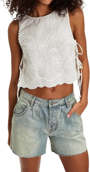 Y2k Tie Front Tank Tops Women Sleeveless Floral Embroidery Crop Vest Cami Shirt Babydoll Going Out Camisole