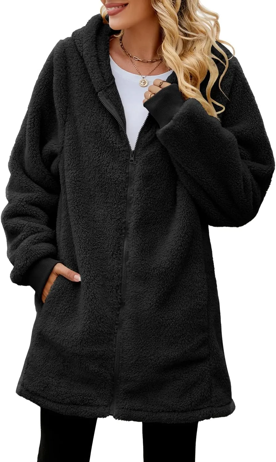 Yanekop Womens Oversized Sherpa Jacket Fuzzy Fleece Jackets Zip Up Outerwear Sweater Coat with Hood
