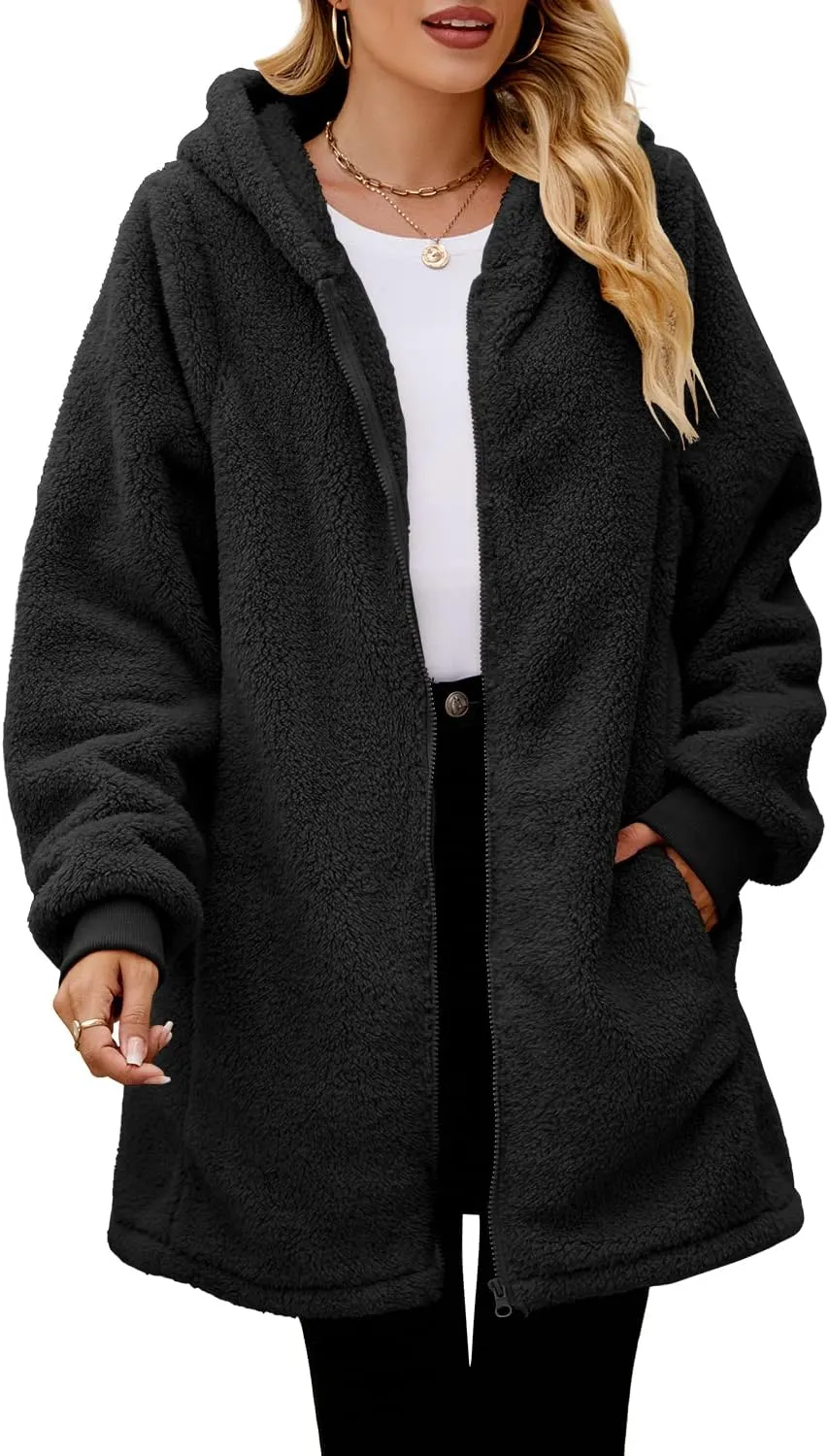 Yanekop Womens Oversized Sherpa Jacket Fuzzy Fleece Jackets Zip Up Outerwear Sweater Coat with Hood