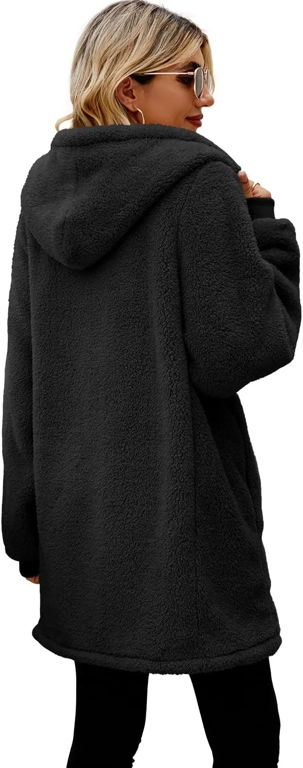 Yanekop Womens Oversized Sherpa Jacket Fuzzy Fleece Jackets Zip Up Outerwear Sweater Coat with Hood