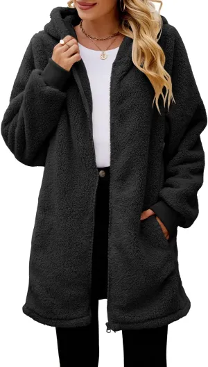 Yanekop Womens Oversized Sherpa Jacket Fuzzy Fleece Jackets Zip Up Outerwear Sweater Coat with Hood