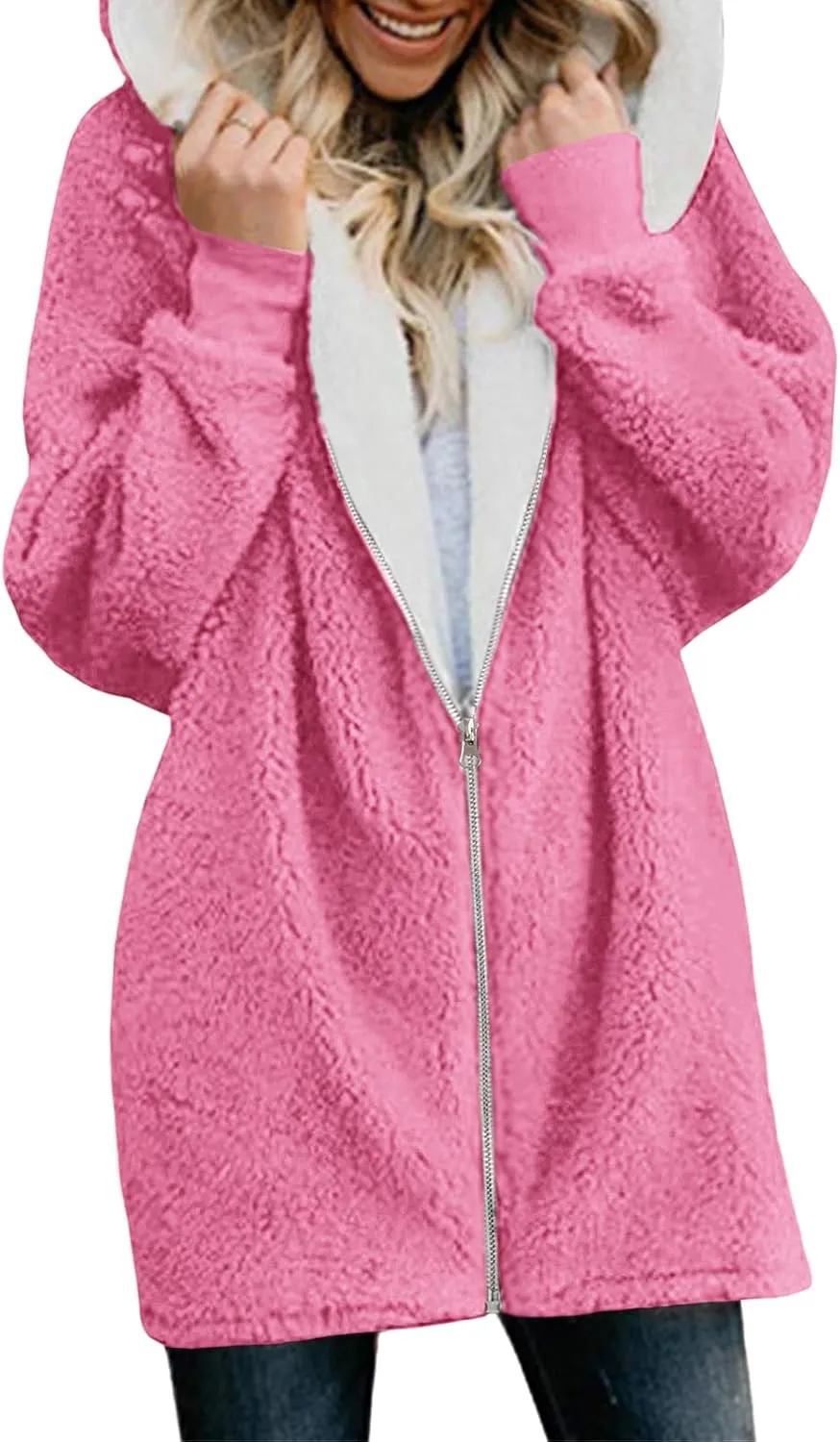 Yanekop Womens Oversized Sherpa Jacket Fuzzy Fleece Jackets Zip Up Outerwear Sweater Coat with Hood
