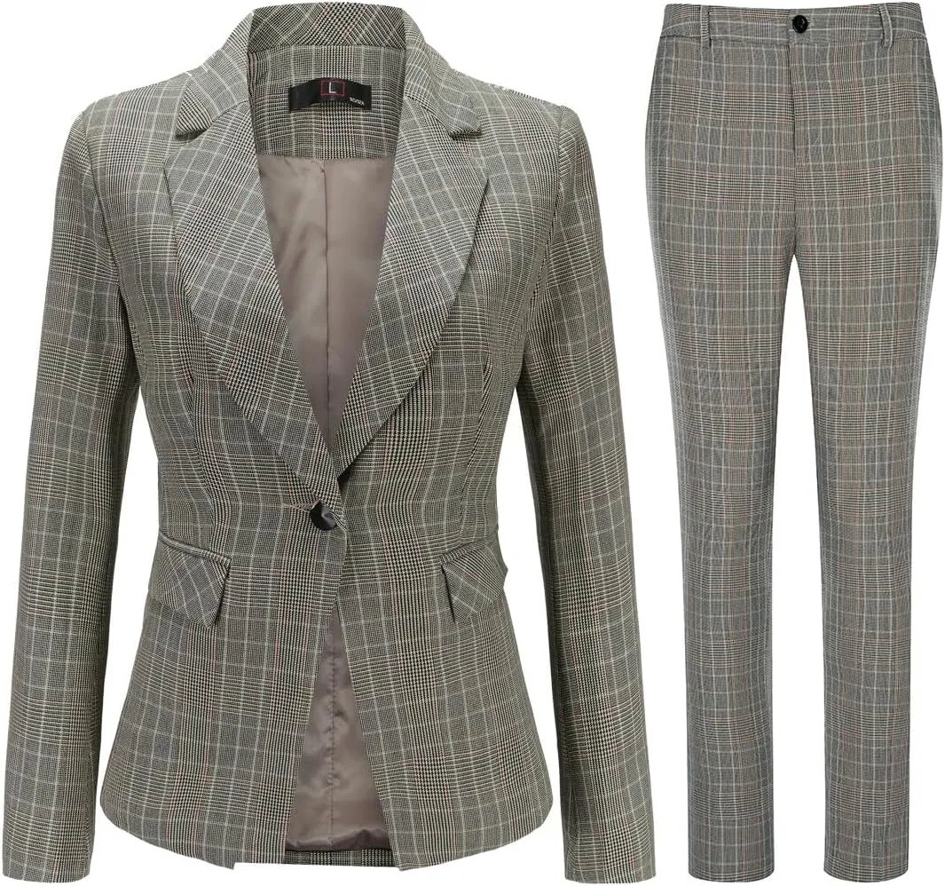 YUNCLOS Women's Vintage 2 Piece Plaid Suit Set 1 Button Stylish Blazer and Pants