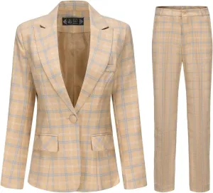 YUNCLOS Women's Vintage 2 Piece Plaid Suit Set 1 Button Stylish Blazer and Pants