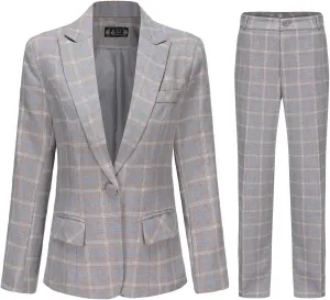 YUNCLOS Women's Vintage 2 Piece Plaid Suit Set 1 Button Stylish Blazer and Pants