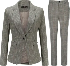 YUNCLOS Women's Vintage 2 Piece Plaid Suit Set 1 Button Stylish Blazer and Pants