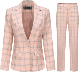 YUNCLOS Women's Vintage 2 Piece Plaid Suit Set 1 Button Stylish Blazer and Pants