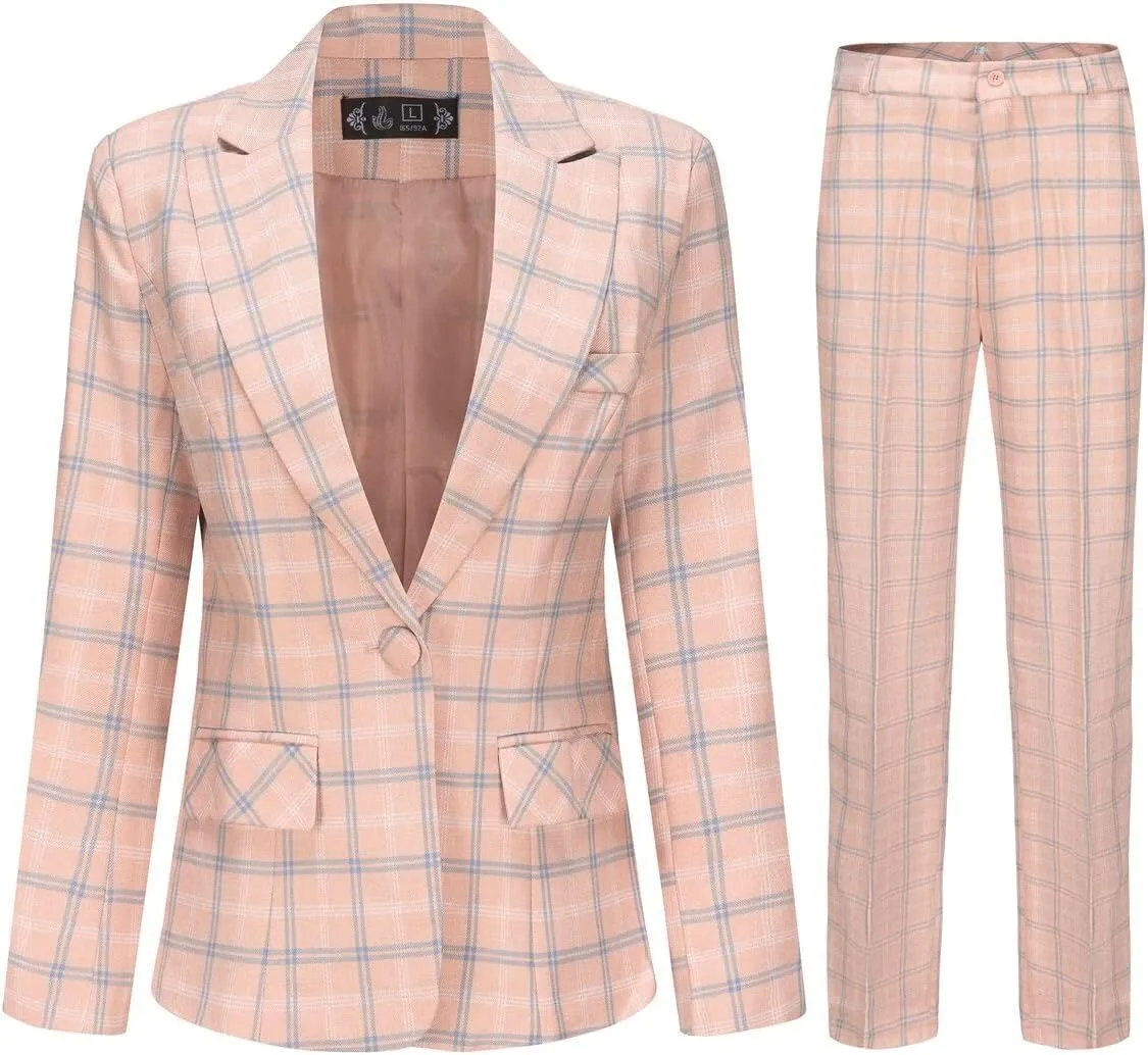 YUNCLOS Women's Vintage 2 Piece Plaid Suit Set 1 Button Stylish Blazer and Pants