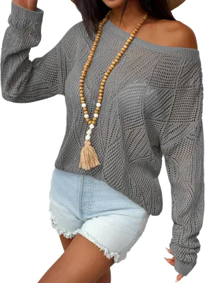 Zeagoo Crochet Tops for Women Off The Shoulder Sweaters Summer Long Sleeve Hollow Out Knit Beach Clothes S-XXL