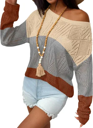 Zeagoo Crochet Tops for Women Off The Shoulder Sweaters Summer Long Sleeve Hollow Out Knit Beach Clothes S-XXL