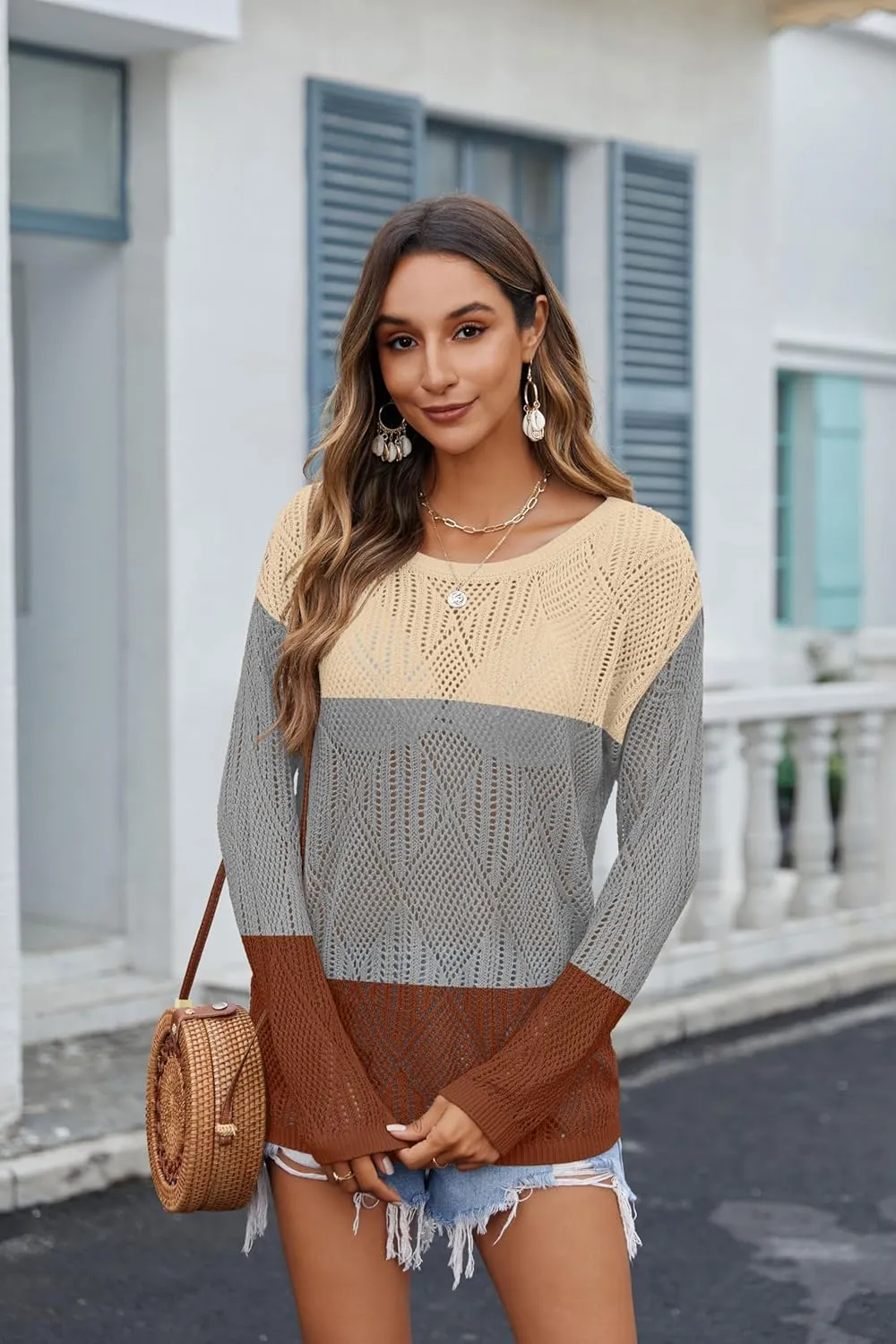 Zeagoo Crochet Tops for Women Off The Shoulder Sweaters Summer Long Sleeve Hollow Out Knit Beach Clothes S-XXL