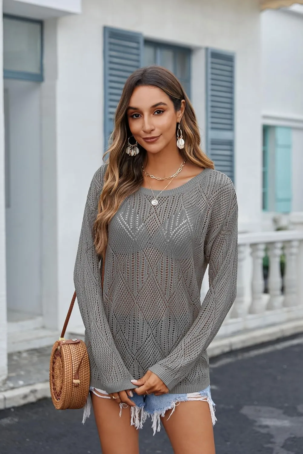 Zeagoo Crochet Tops for Women Off The Shoulder Sweaters Summer Long Sleeve Hollow Out Knit Beach Clothes S-XXL