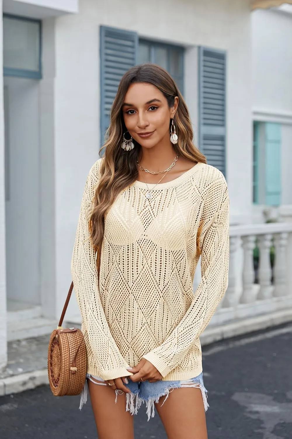 Zeagoo Crochet Tops for Women Off The Shoulder Sweaters Summer Long Sleeve Hollow Out Knit Beach Clothes S-XXL