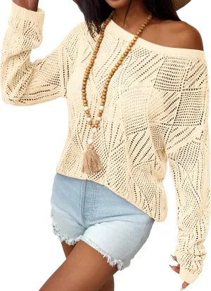 Zeagoo Crochet Tops for Women Off The Shoulder Sweaters Summer Long Sleeve Hollow Out Knit Beach Clothes S-XXL