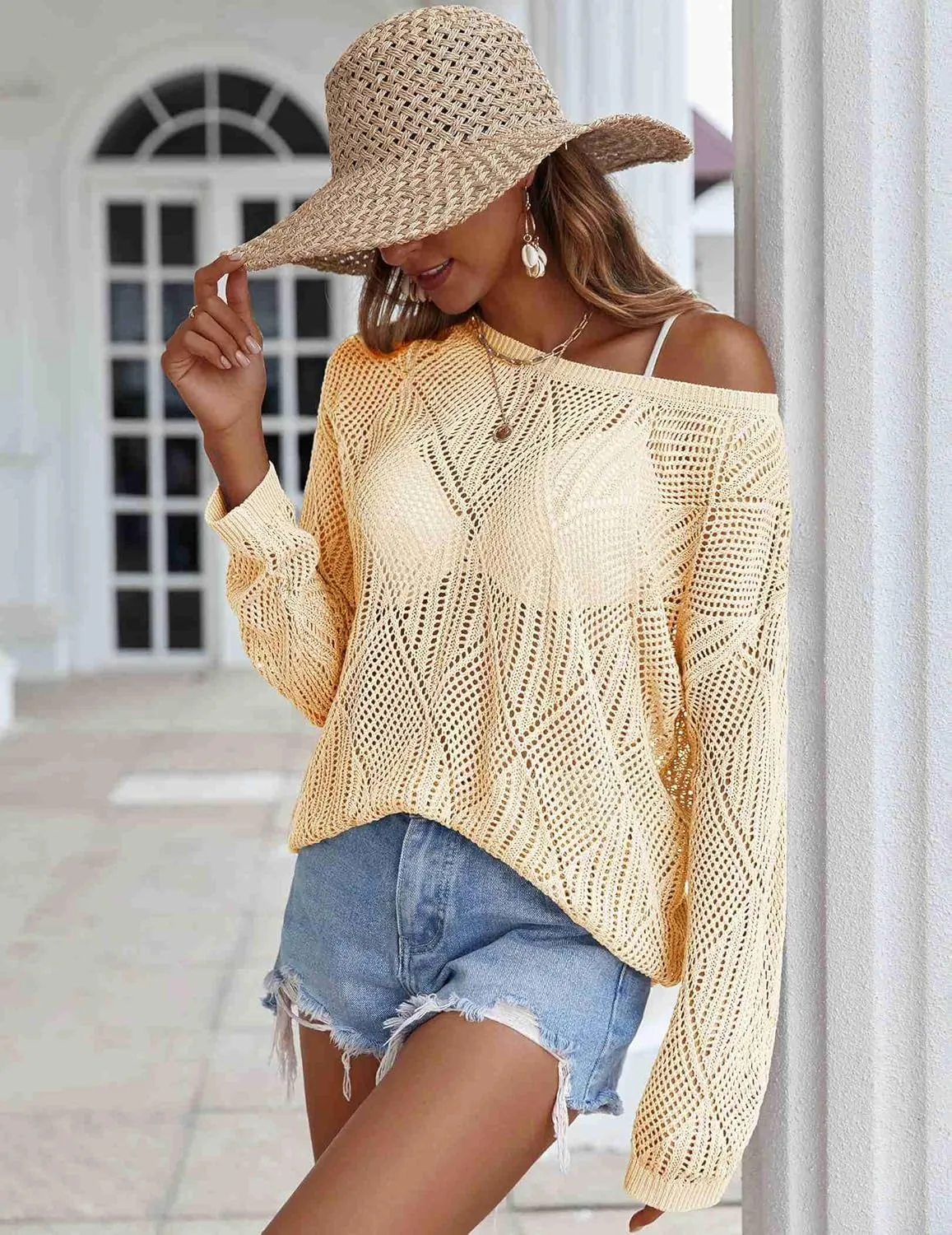 Zeagoo Crochet Tops for Women Off The Shoulder Sweaters Summer Long Sleeve Hollow Out Knit Beach Clothes S-XXL