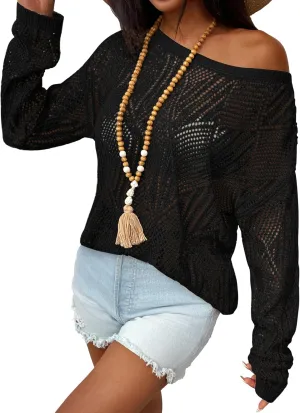 Zeagoo Crochet Tops for Women Off The Shoulder Sweaters Summer Long Sleeve Hollow Out Knit Beach Clothes S-XXL
