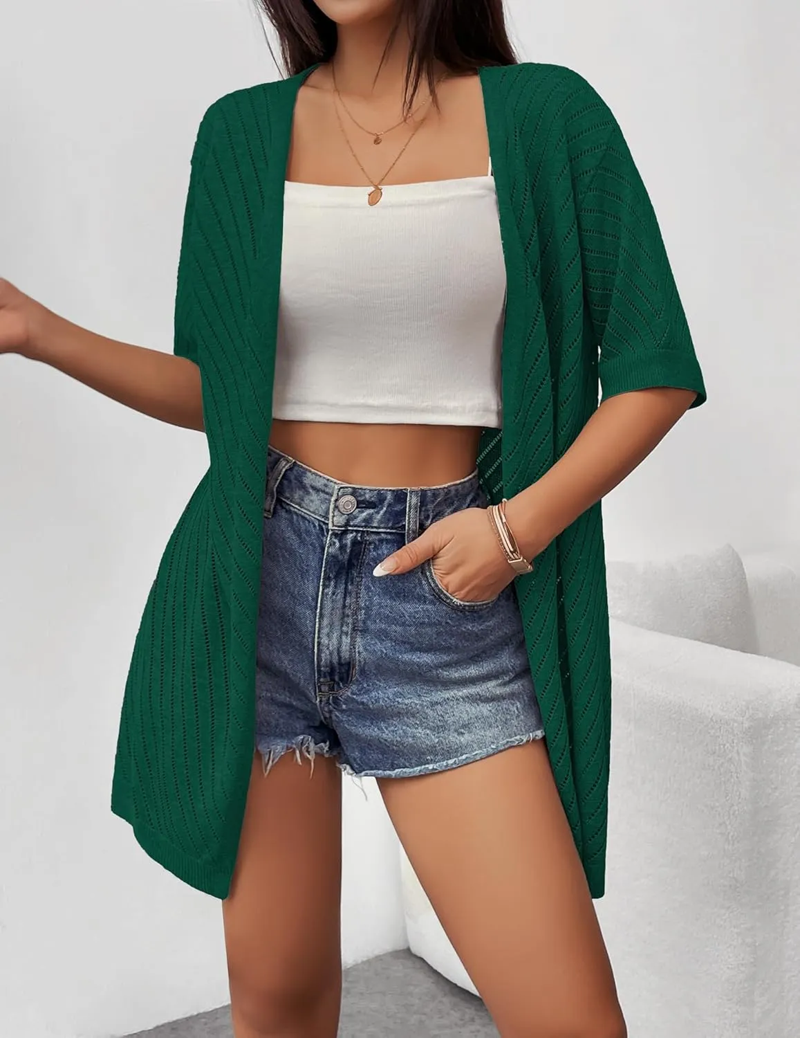 Zeagoo Lightweight Summer Cardigan for Women Short Sleeve V Neck Crochet Kimonos Loose Open Front Hollow Out Cover Ups