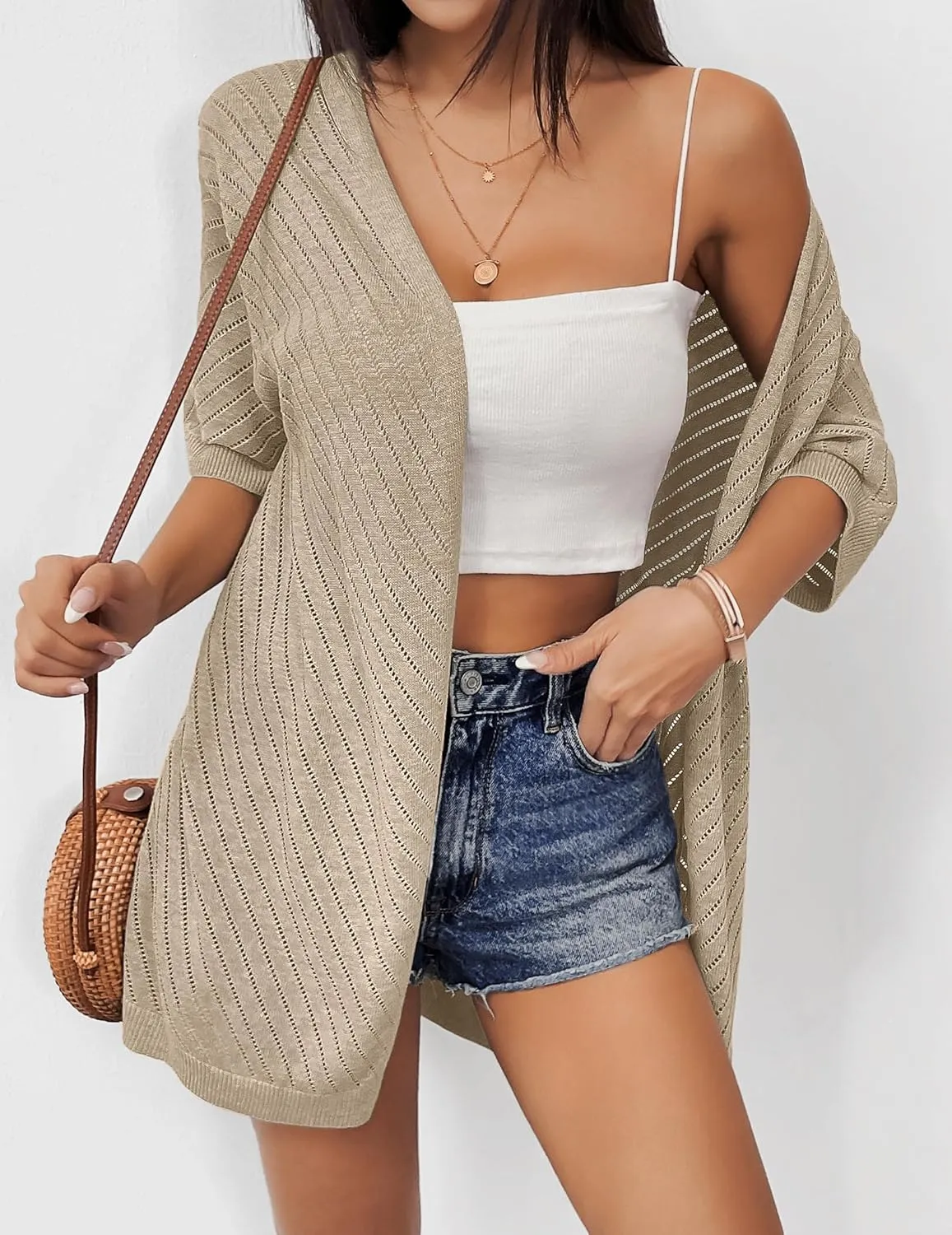 Zeagoo Lightweight Summer Cardigan for Women Short Sleeve V Neck Crochet Kimonos Loose Open Front Hollow Out Cover Ups