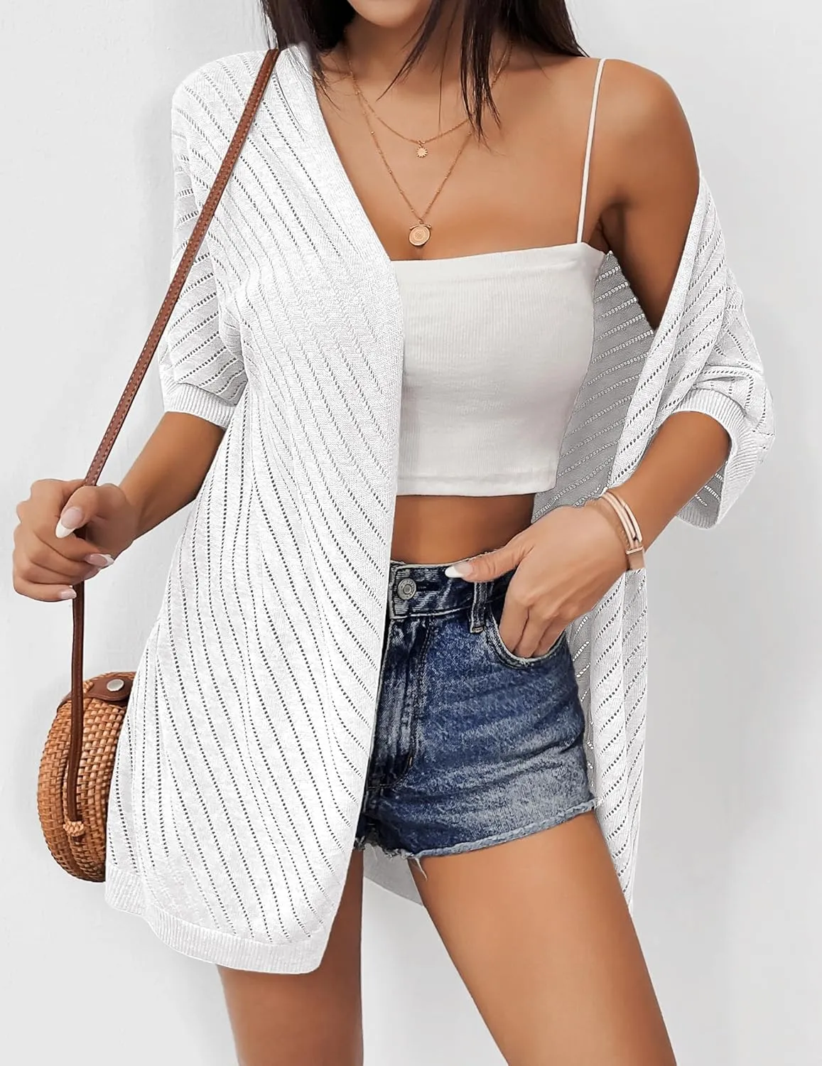 Zeagoo Lightweight Summer Cardigan for Women Short Sleeve V Neck Crochet Kimonos Loose Open Front Hollow Out Cover Ups