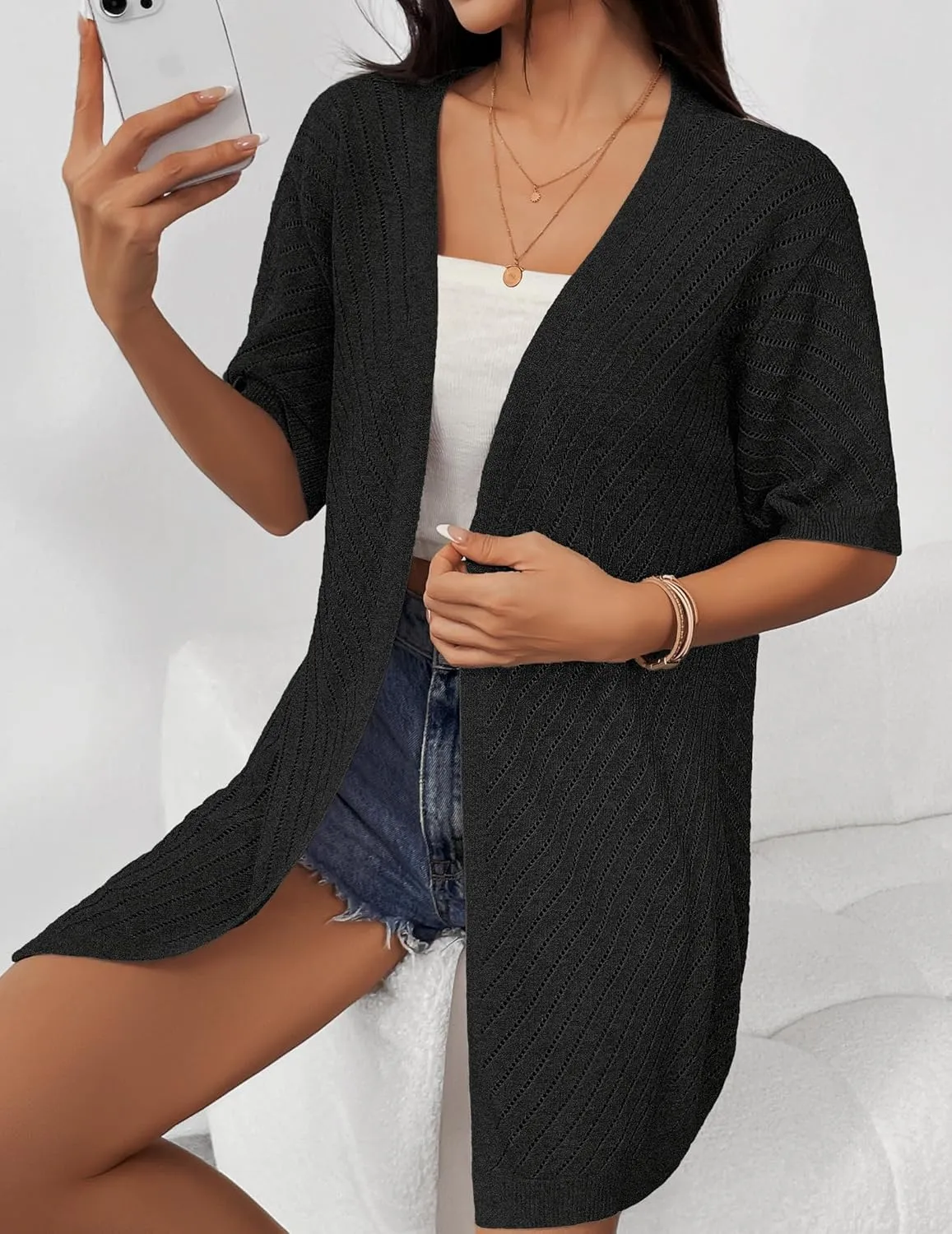 Zeagoo Lightweight Summer Cardigan for Women Short Sleeve V Neck Crochet Kimonos Loose Open Front Hollow Out Cover Ups