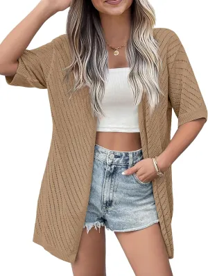 Zeagoo Lightweight Summer Cardigan for Women Short Sleeve V Neck Crochet Kimonos Loose Open Front Hollow Out Cover Ups