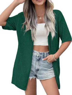 Zeagoo Lightweight Summer Cardigan for Women Short Sleeve V Neck Crochet Kimonos Loose Open Front Hollow Out Cover Ups