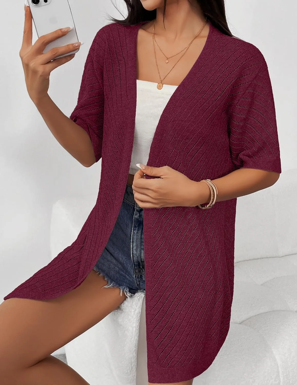 Zeagoo Lightweight Summer Cardigan for Women Short Sleeve V Neck Crochet Kimonos Loose Open Front Hollow Out Cover Ups