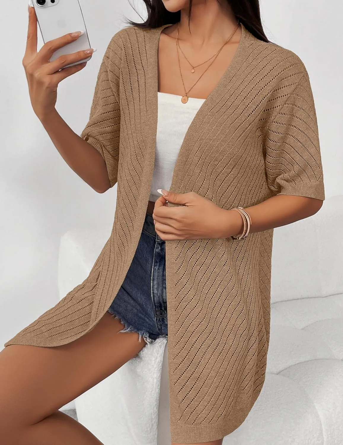 Zeagoo Lightweight Summer Cardigan for Women Short Sleeve V Neck Crochet Kimonos Loose Open Front Hollow Out Cover Ups