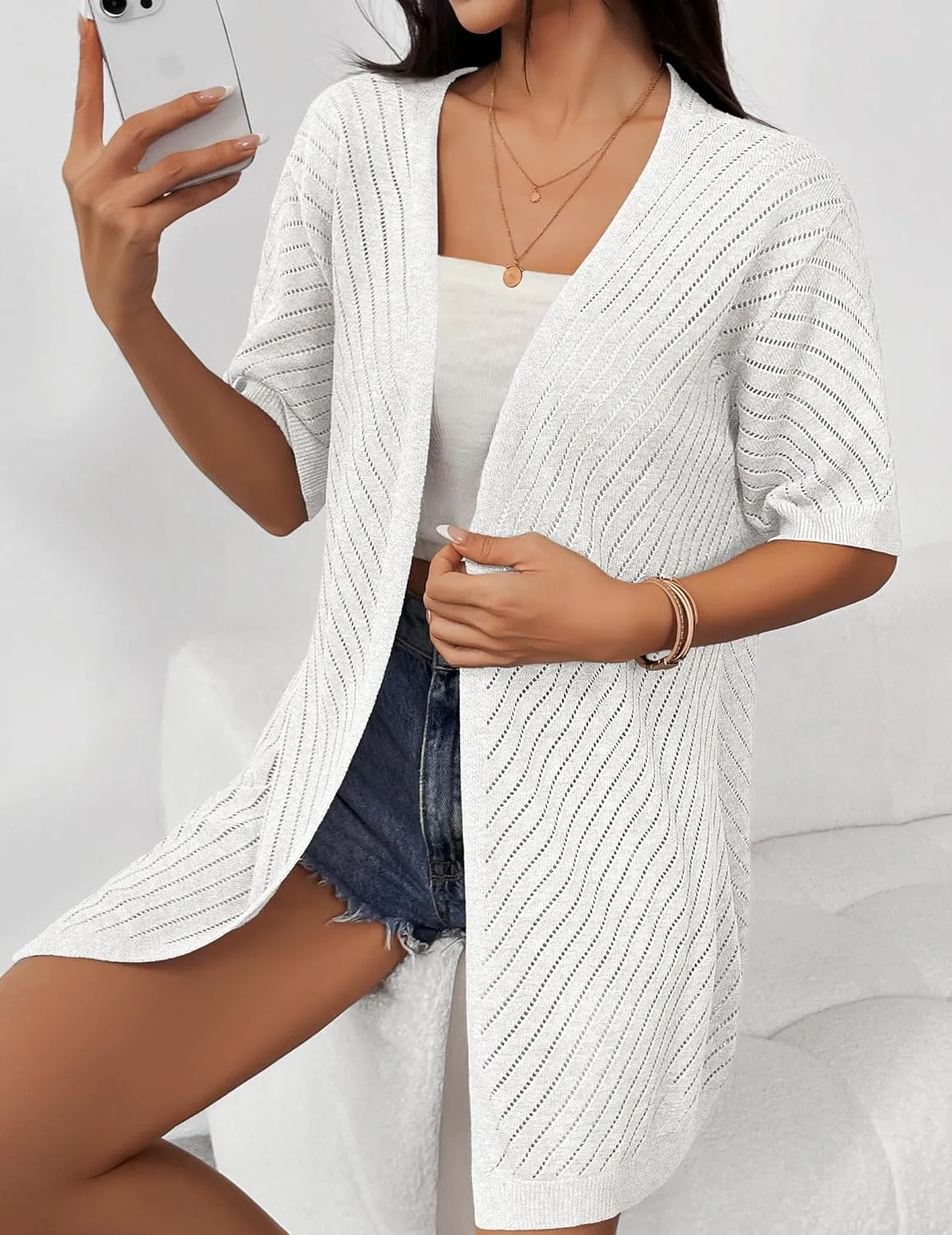 Zeagoo Lightweight Summer Cardigan for Women Short Sleeve V Neck Crochet Kimonos Loose Open Front Hollow Out Cover Ups