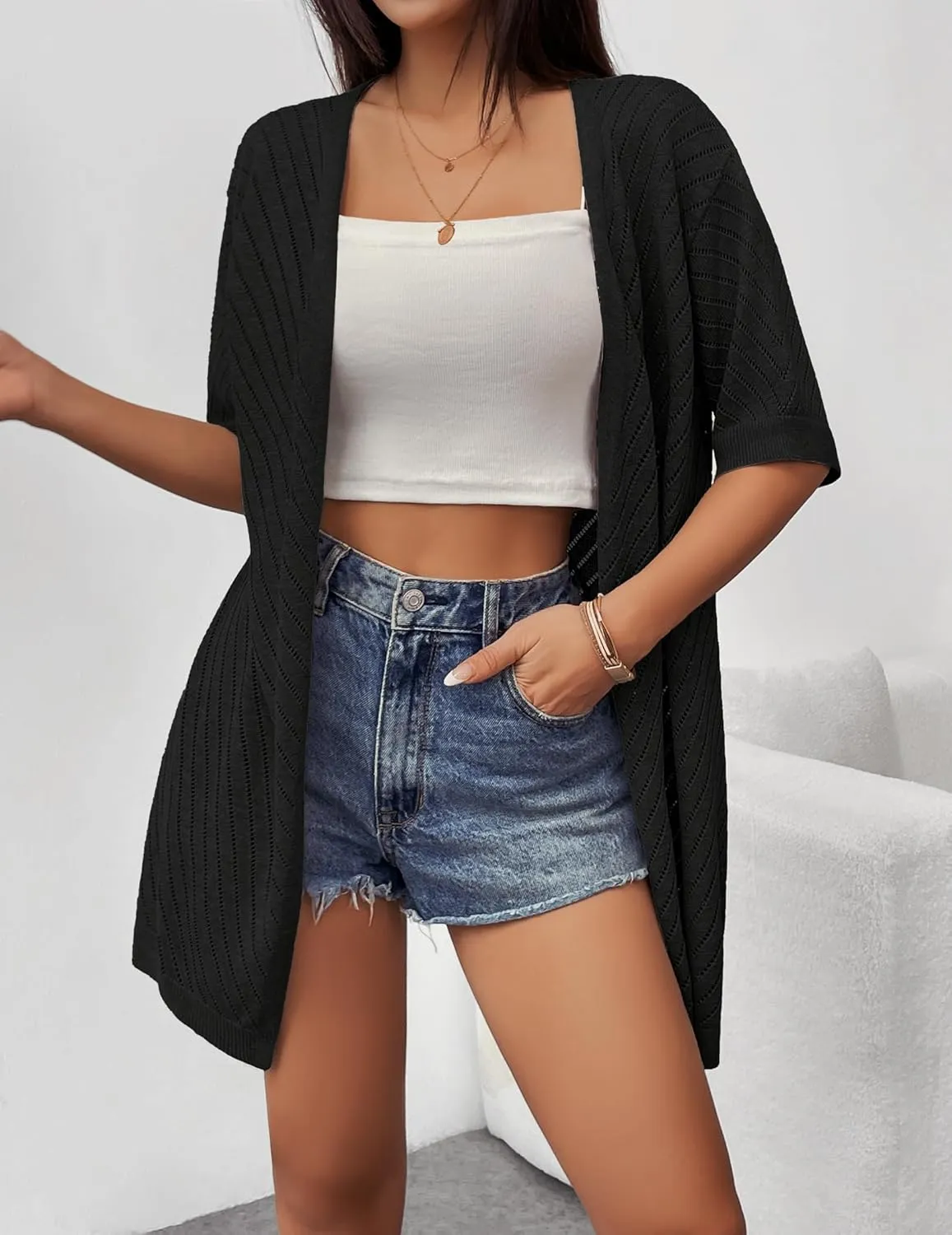 Zeagoo Lightweight Summer Cardigan for Women Short Sleeve V Neck Crochet Kimonos Loose Open Front Hollow Out Cover Ups