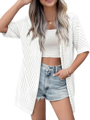Zeagoo Lightweight Summer Cardigan for Women Short Sleeve V Neck Crochet Kimonos Loose Open Front Hollow Out Cover Ups