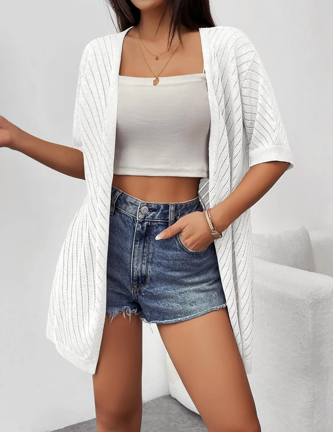 Zeagoo Lightweight Summer Cardigan for Women Short Sleeve V Neck Crochet Kimonos Loose Open Front Hollow Out Cover Ups