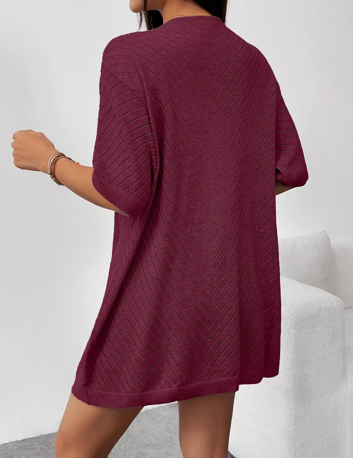 Zeagoo Lightweight Summer Cardigan for Women Short Sleeve V Neck Crochet Kimonos Loose Open Front Hollow Out Cover Ups