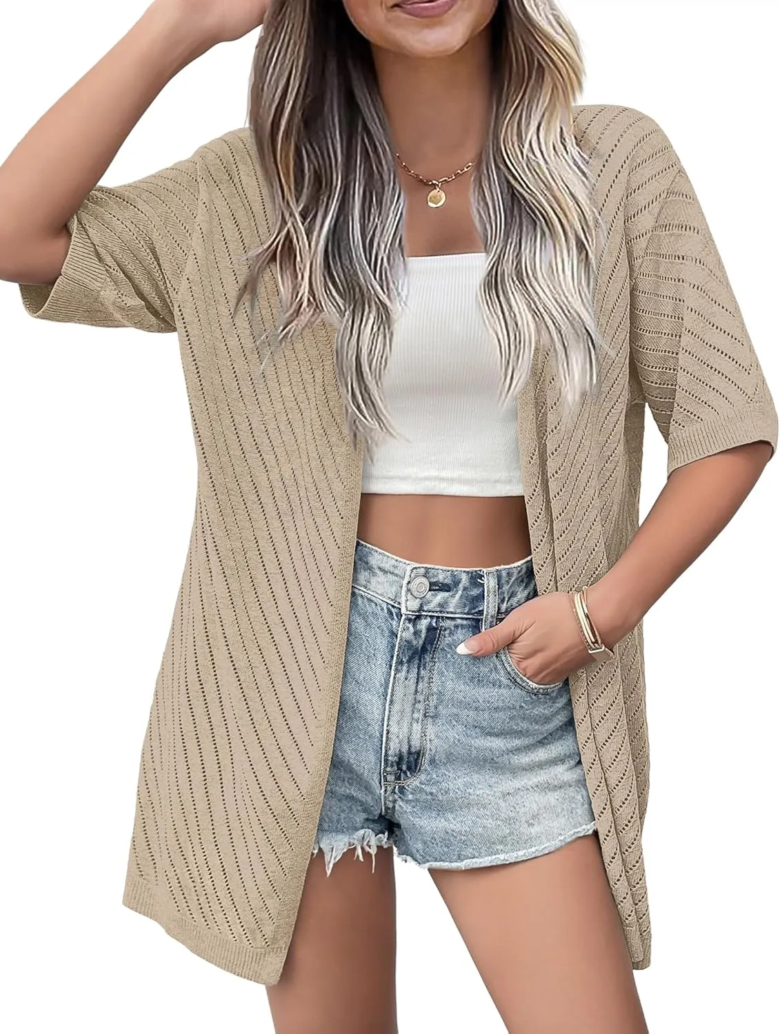 Zeagoo Lightweight Summer Cardigan for Women Short Sleeve V Neck Crochet Kimonos Loose Open Front Hollow Out Cover Ups
