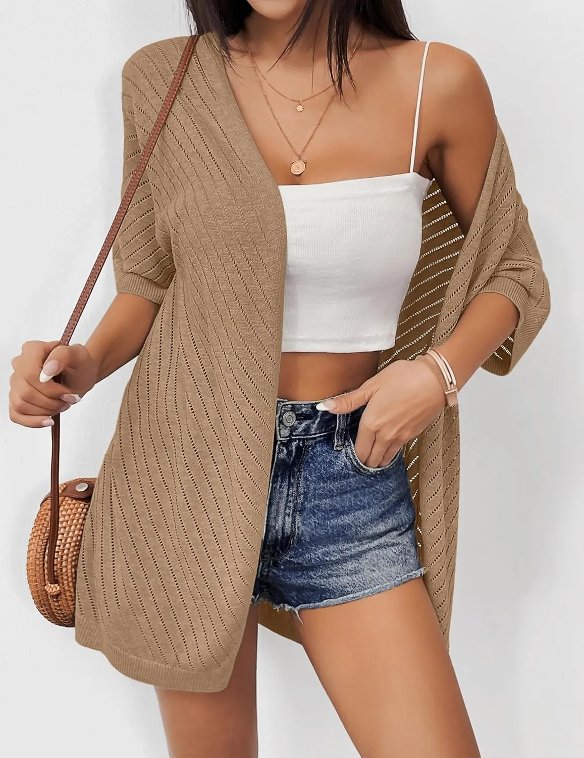 Zeagoo Lightweight Summer Cardigan for Women Short Sleeve V Neck Crochet Kimonos Loose Open Front Hollow Out Cover Ups