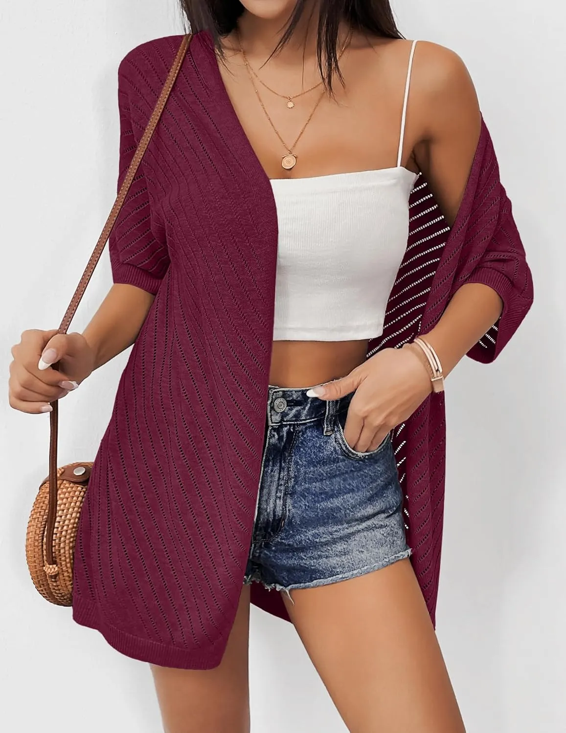 Zeagoo Lightweight Summer Cardigan for Women Short Sleeve V Neck Crochet Kimonos Loose Open Front Hollow Out Cover Ups