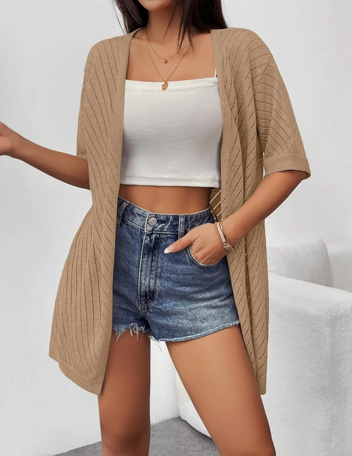 Zeagoo Lightweight Summer Cardigan for Women Short Sleeve V Neck Crochet Kimonos Loose Open Front Hollow Out Cover Ups