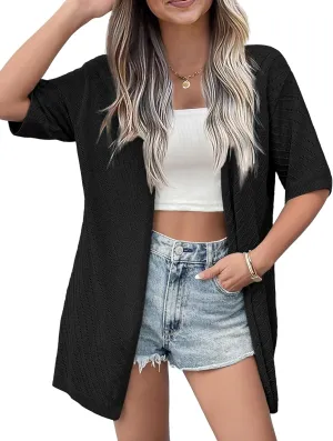 Zeagoo Lightweight Summer Cardigan for Women Short Sleeve V Neck Crochet Kimonos Loose Open Front Hollow Out Cover Ups