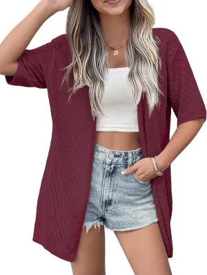Zeagoo Lightweight Summer Cardigan for Women Short Sleeve V Neck Crochet Kimonos Loose Open Front Hollow Out Cover Ups
