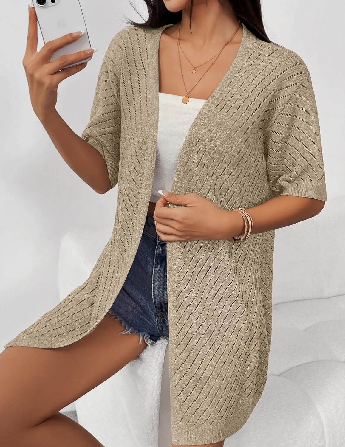 Zeagoo Lightweight Summer Cardigan for Women Short Sleeve V Neck Crochet Kimonos Loose Open Front Hollow Out Cover Ups