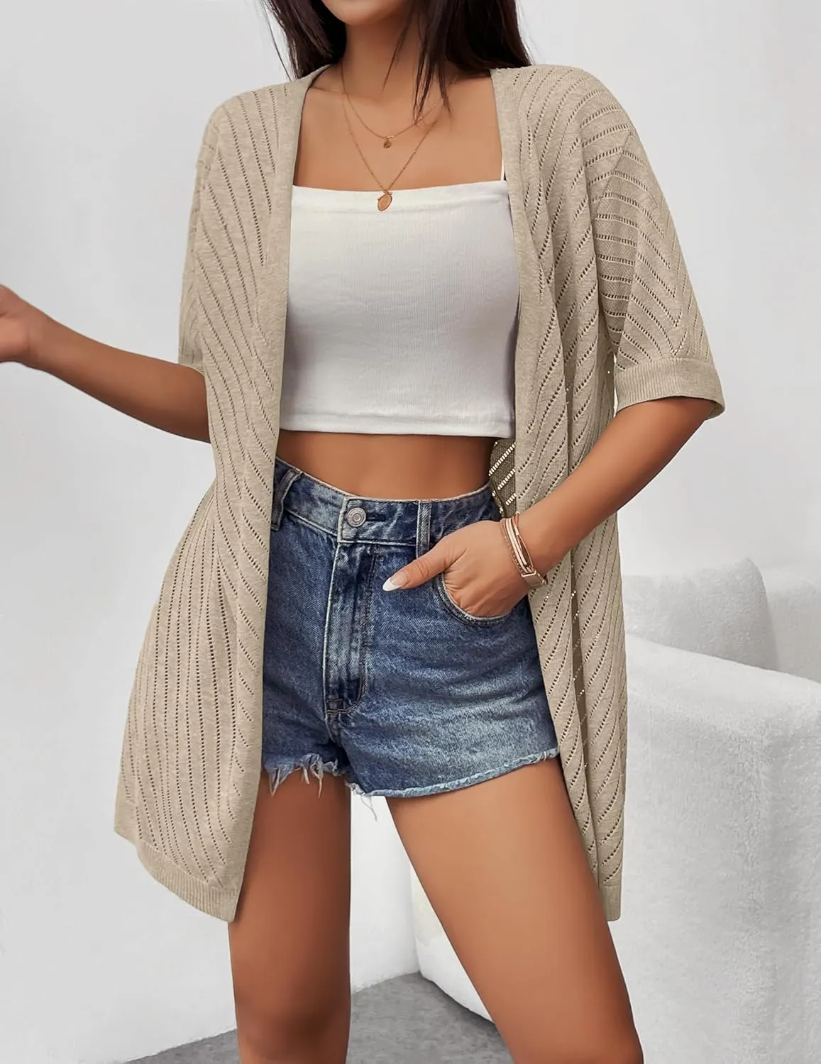 Zeagoo Lightweight Summer Cardigan for Women Short Sleeve V Neck Crochet Kimonos Loose Open Front Hollow Out Cover Ups