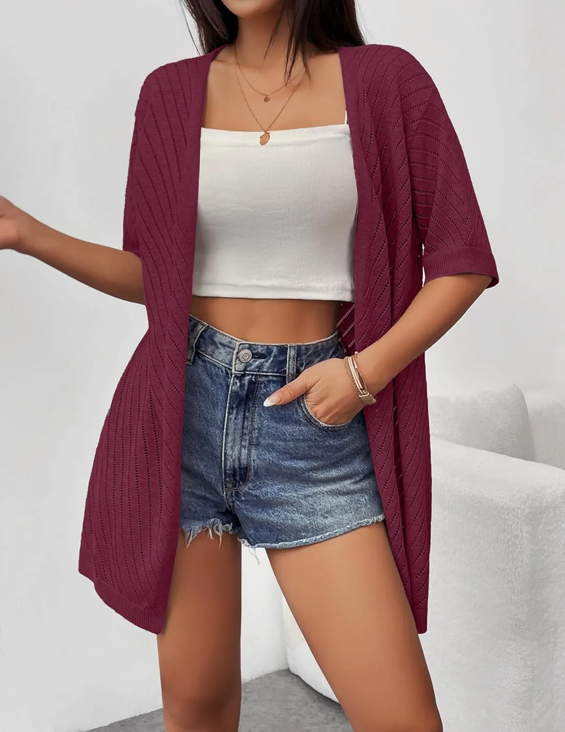 Zeagoo Lightweight Summer Cardigan for Women Short Sleeve V Neck Crochet Kimonos Loose Open Front Hollow Out Cover Ups