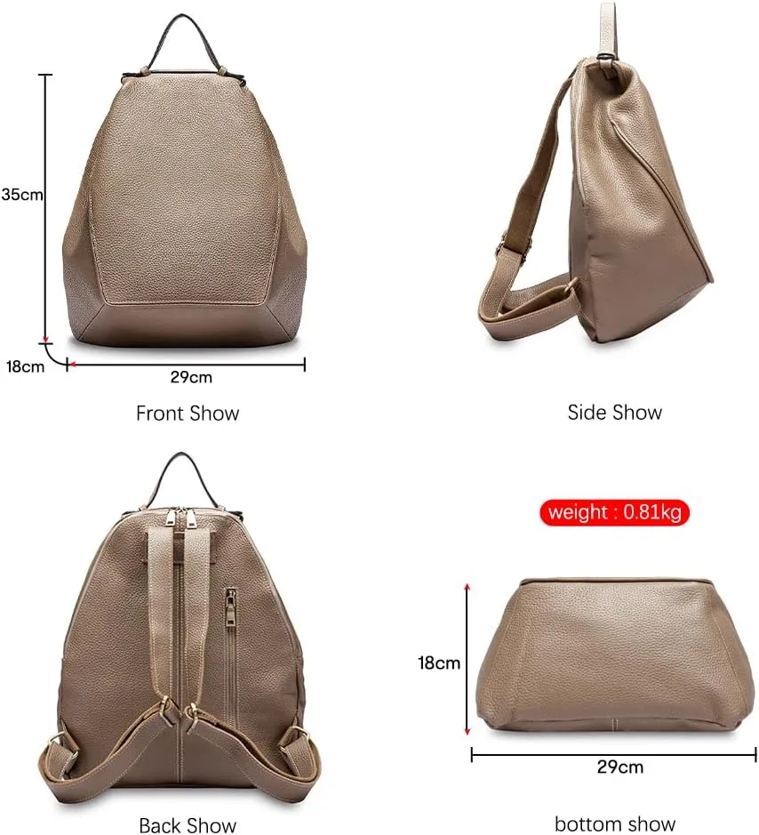 zency Women Stylish Classic Backpack Fit A4 Ipad 9.7'' Rucksack Cowhide Back Pack Leather Khaki