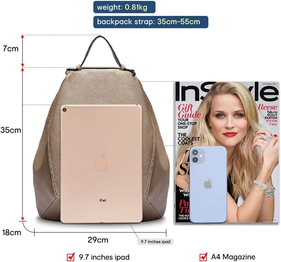 zency Women Stylish Classic Backpack Fit A4 Ipad 9.7'' Rucksack Cowhide Back Pack Leather Khaki